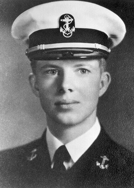 Jimmy Carter as young man in his naval uniform (black and white image).