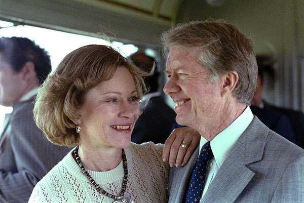 Pictured are Jimmy and Rosalynn Carter on a train in Alexandria, Egypt, March 9, 1979.