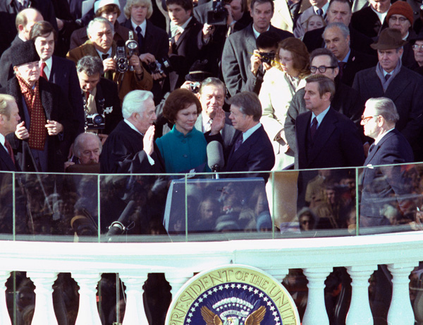 Jimmy Carter being sworn in as president on the East Portico of the U.S. Capitol.