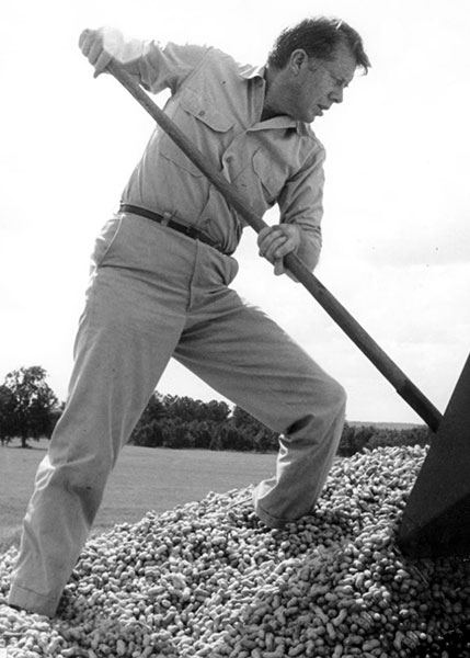 Jimmy Carter shoveling peanuts (black and white image).