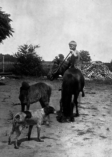 Jimmy Carter as a child atop a pony with a dog in the foreground (black and white image).