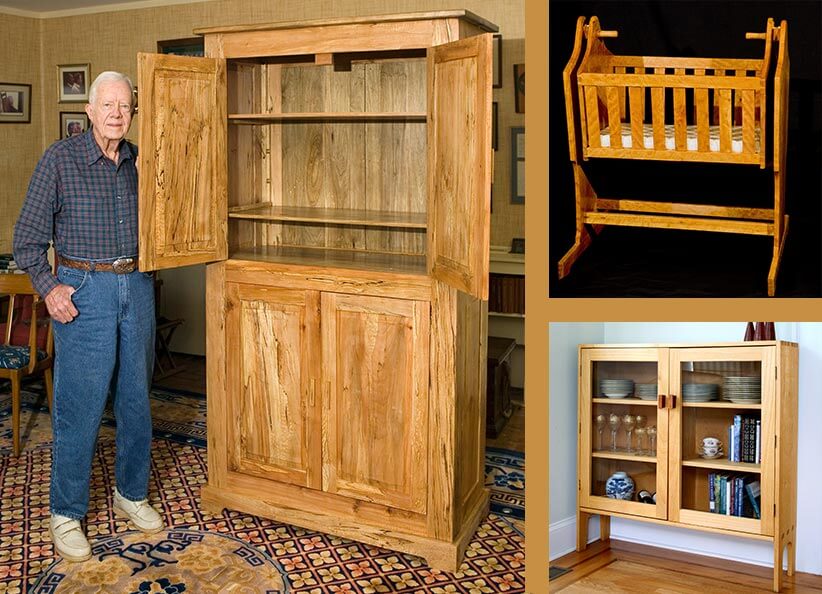 Jimmy Carter standing in front of furniture he built.