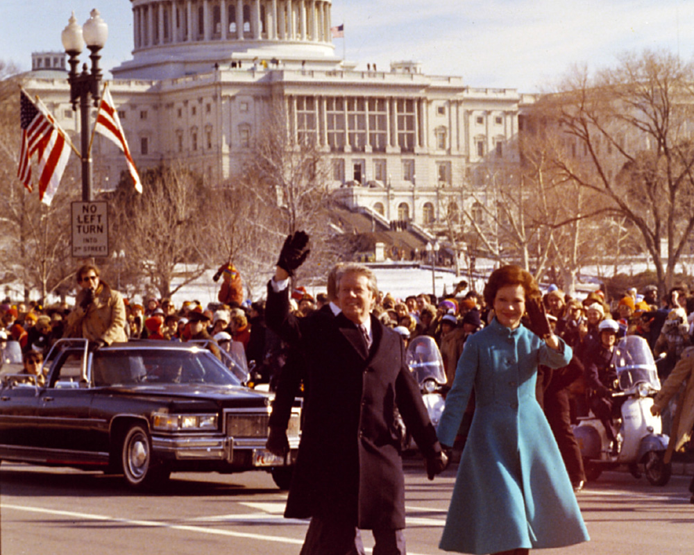 President and Mrs. Carter walking down Pennsylvania avenue in Inaugural Parade circa 1977.